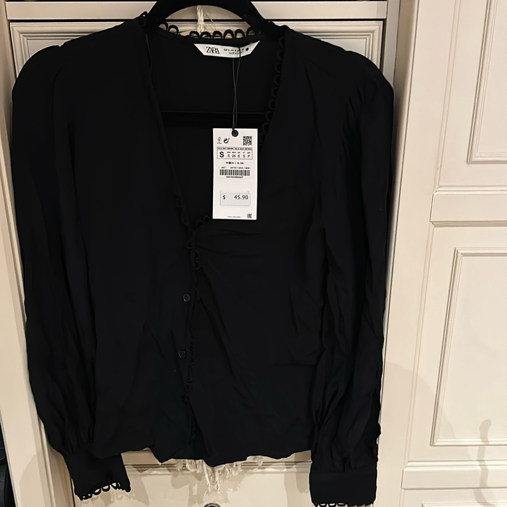 Zara NWT button down black blouse top sz Small $45 fancy trim